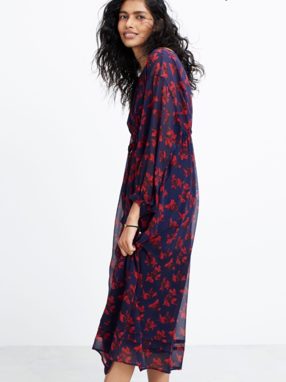 No. 6 x Madewell Navy Floral Midi Dress with Red Print